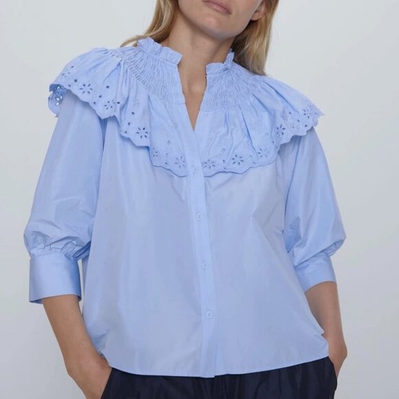 ZARA Baby Blue Broderie Ruffle Top Blouse - Picture 2 of 9